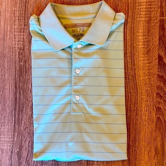 EUC Greg Norman ML75 Play Dry‎ L Golf Collared Shirt Mint Green & Blue Stripes - Picture 1 of 7
